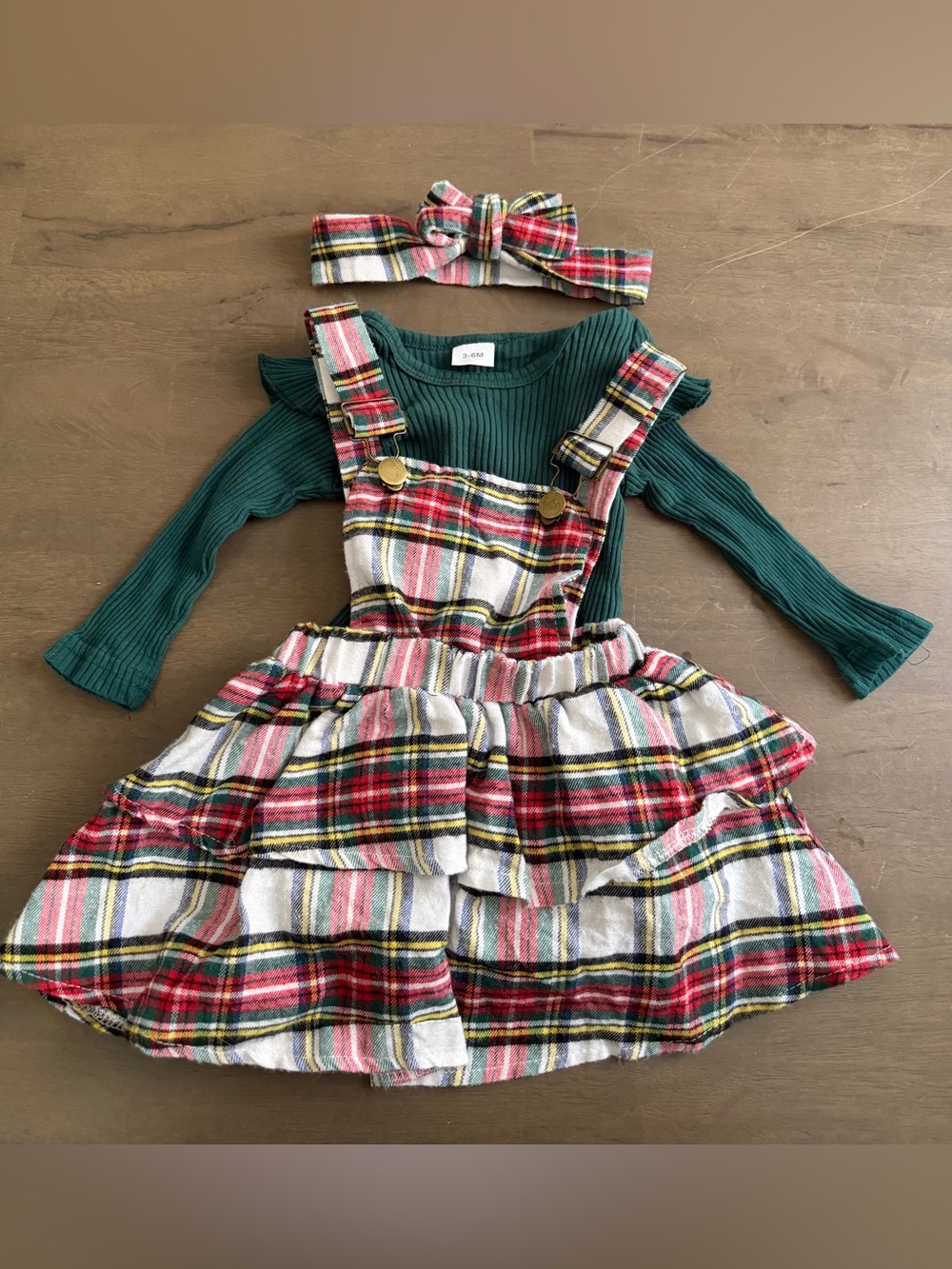 3pc Green Ribbed Top with Red Plaid Pinafore Dress and Headband - Holiday Kids